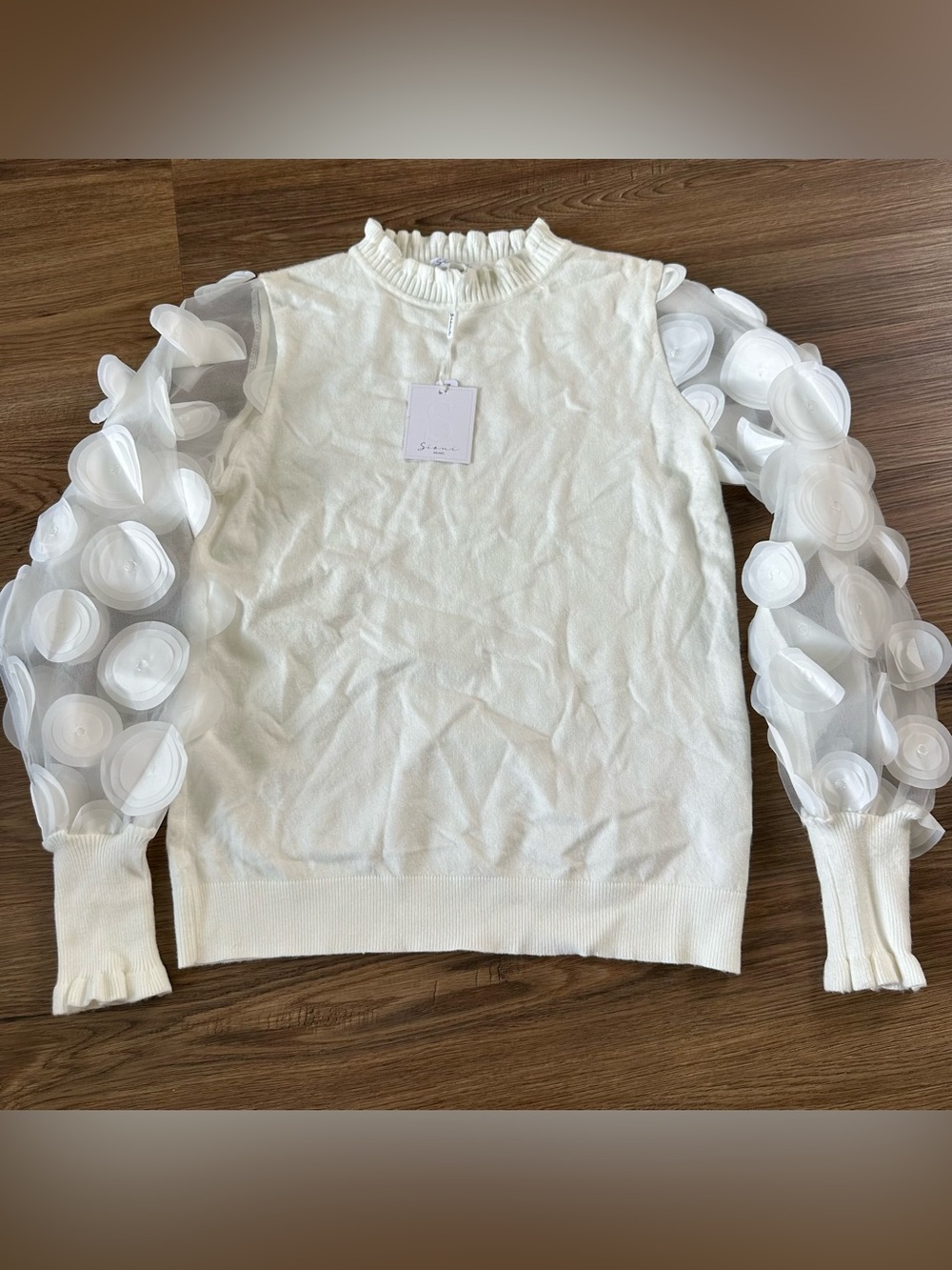 Sioni Ruffle Mock Neck Sweater White Medium Applique Lace Sleeves Fairy Holiday